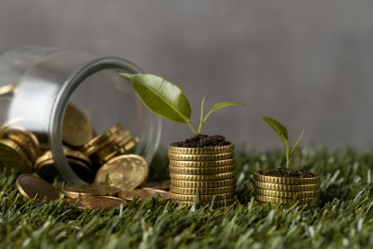 Duas pilhas de moedas na grama com jarras e plantas